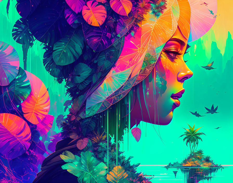 Colorful digital artwork of woman's profile surrounded by tropical elements and birds on neon sunset backdrop