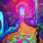 Vibrant fantasy landscape with glowing path, figure, gateway, and towering trees