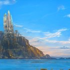 Fantastical icy landscape with intricate tower under blue sky