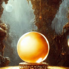 Amber sphere on ornate pedestal in cavernous space