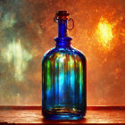 Blue Glass Bottle with Painted Forest Scene and Warm Illumination