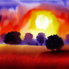 Scenic sunset with golden hues over red grass field and silhouetted trees.
