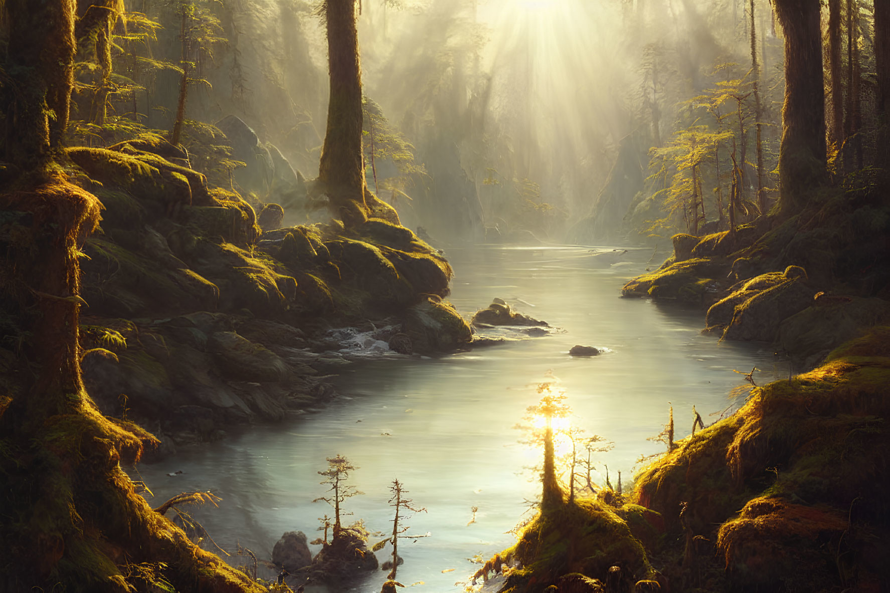 Misty forest scene with sun rays over river