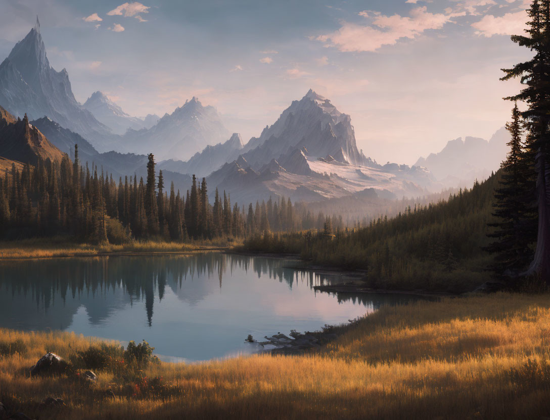Tranquil Mountain Lake Scene with Golden Grass and Pines