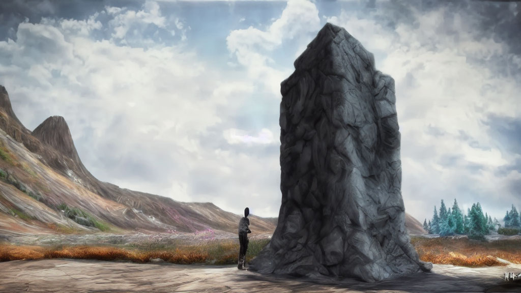 Person standing before large solitary rock in vast landscape