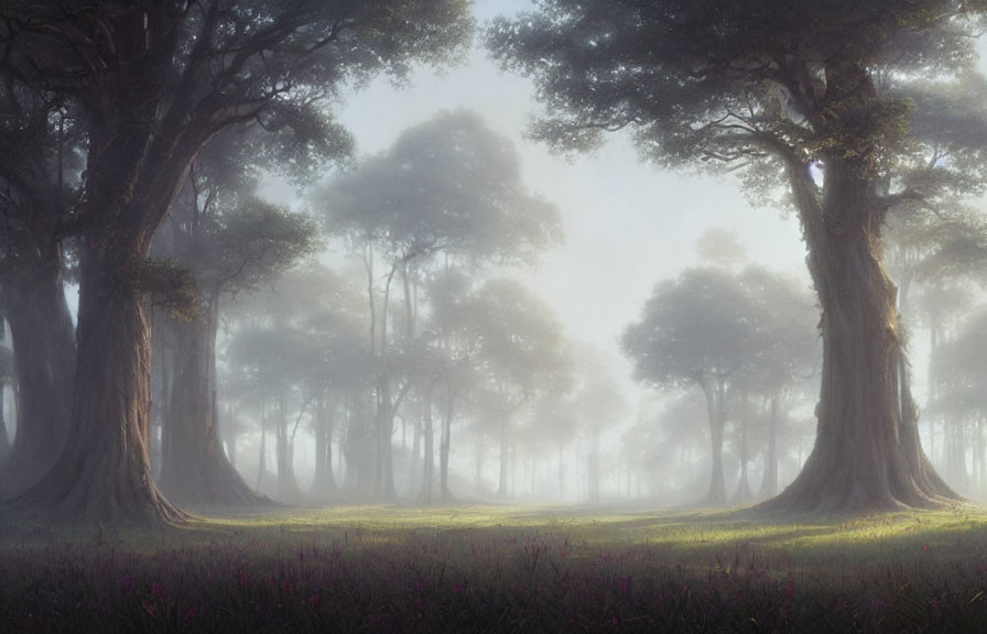 Tranquil Forest Glade with Misty Ambiance and Purple Flowers