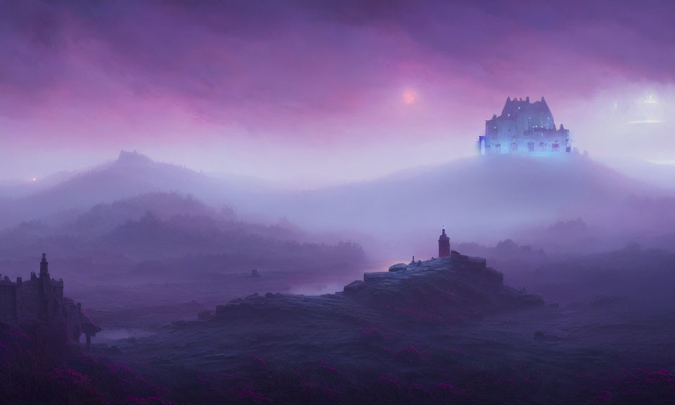 Foggy Twilight Landscape with Castle and Lighthouse