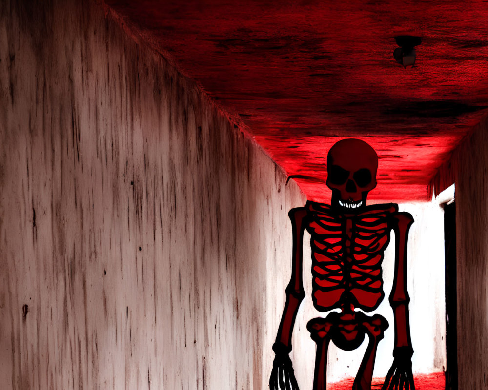 Red Glow Skeleton in Concrete Corridor: Spooky Atmosphere