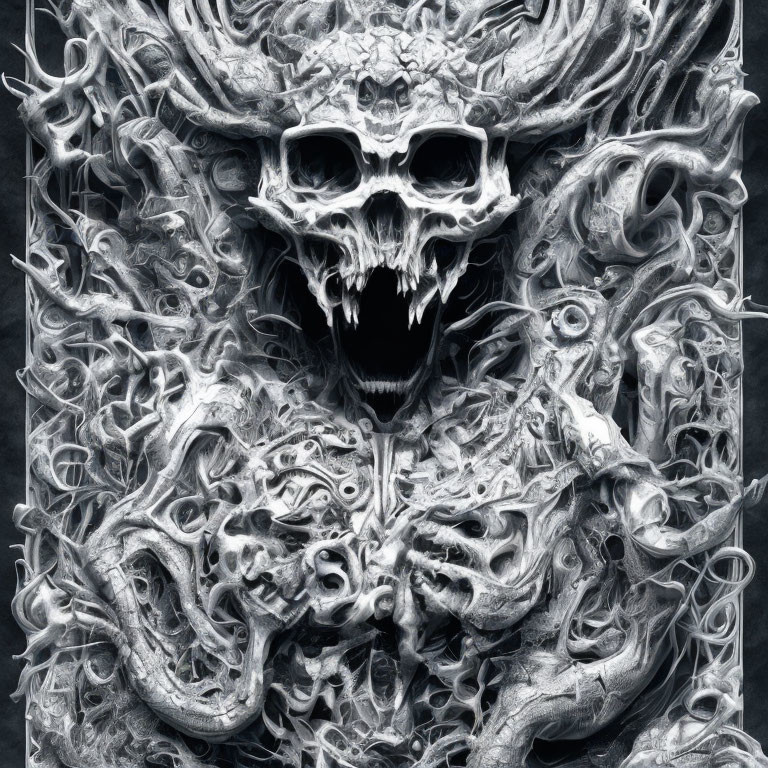 Monochromatic skull art with ghostly figures and swirling patterns