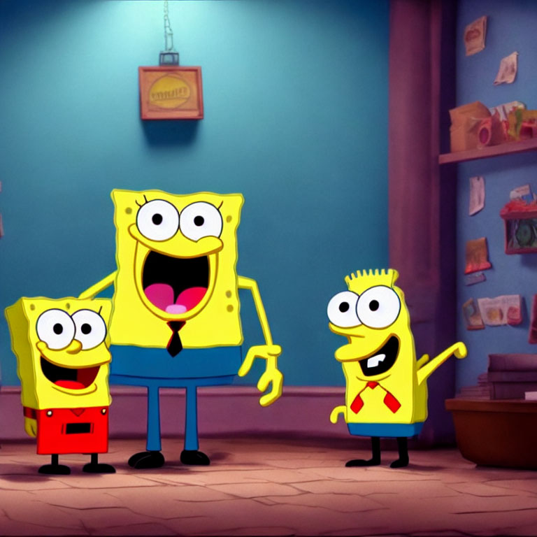 Three Smiling SpongeBob Characters in Indoor Setting