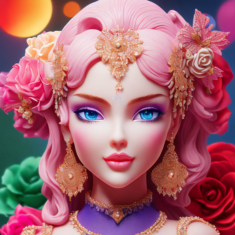 Detailed Illustration: Woman with Pink Hair, Gold Jewelry, and Roses on Bright Orb Background