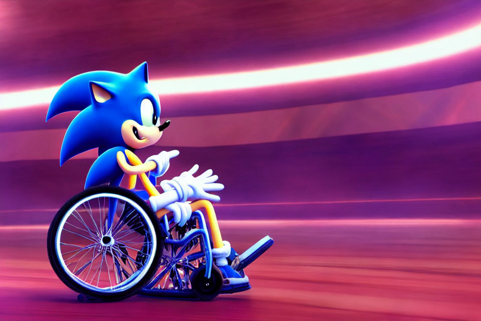 Animated Sonic the Hedgehog wheelchair image with motion blur background