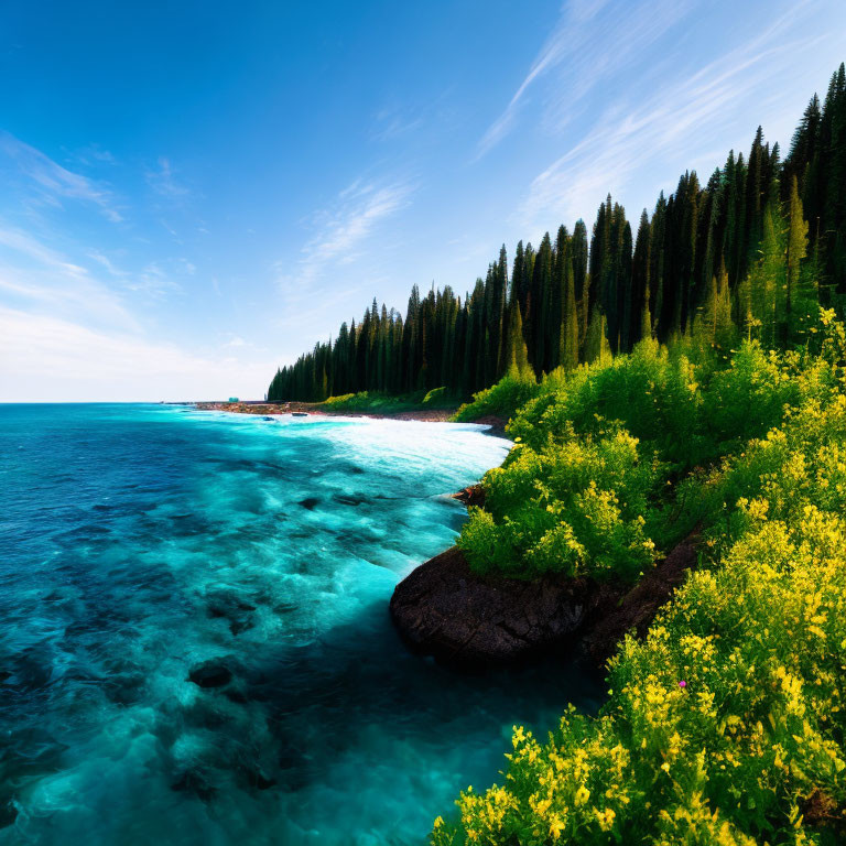 Scenic Coastal Landscape with Greenery, Turquoise Waters, and Blue Sky