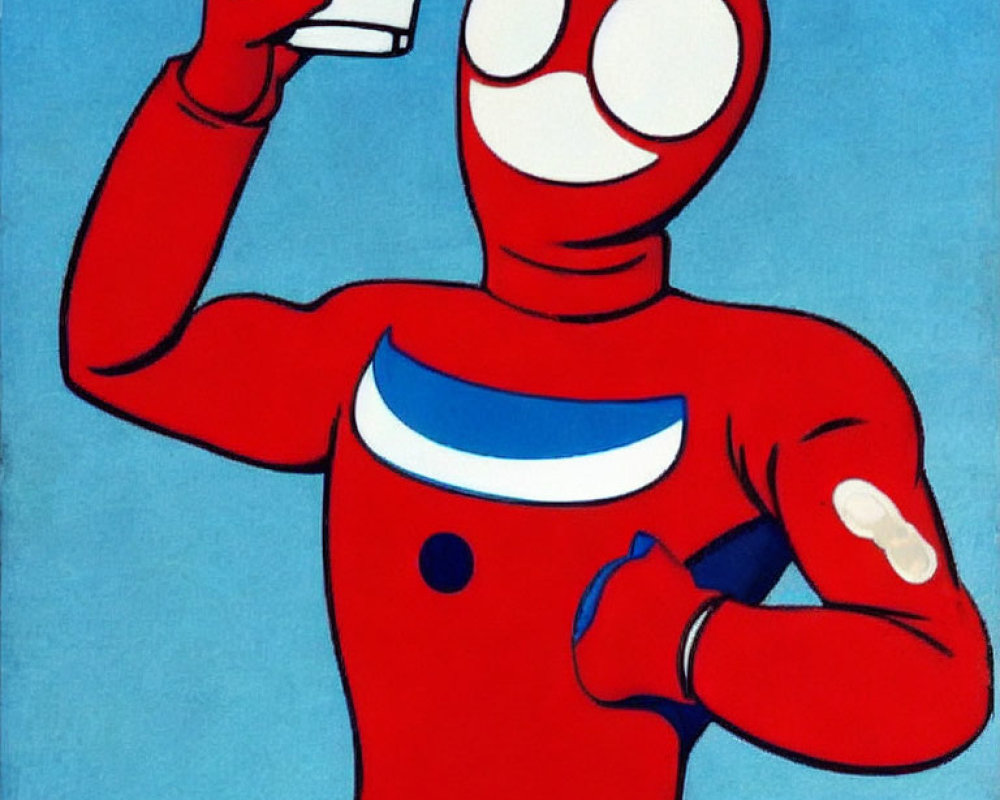 Red-clad superhero with spider emblem taking selfie.