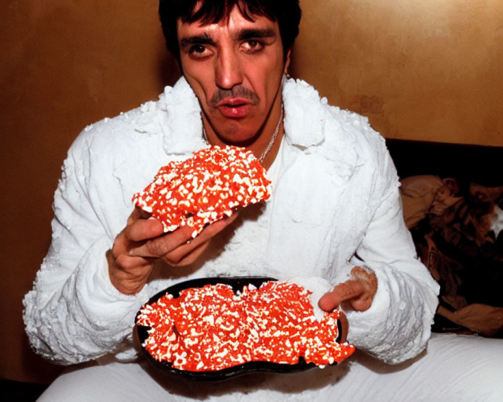 Man in White Outfit Examining Two Frosted Red Candies