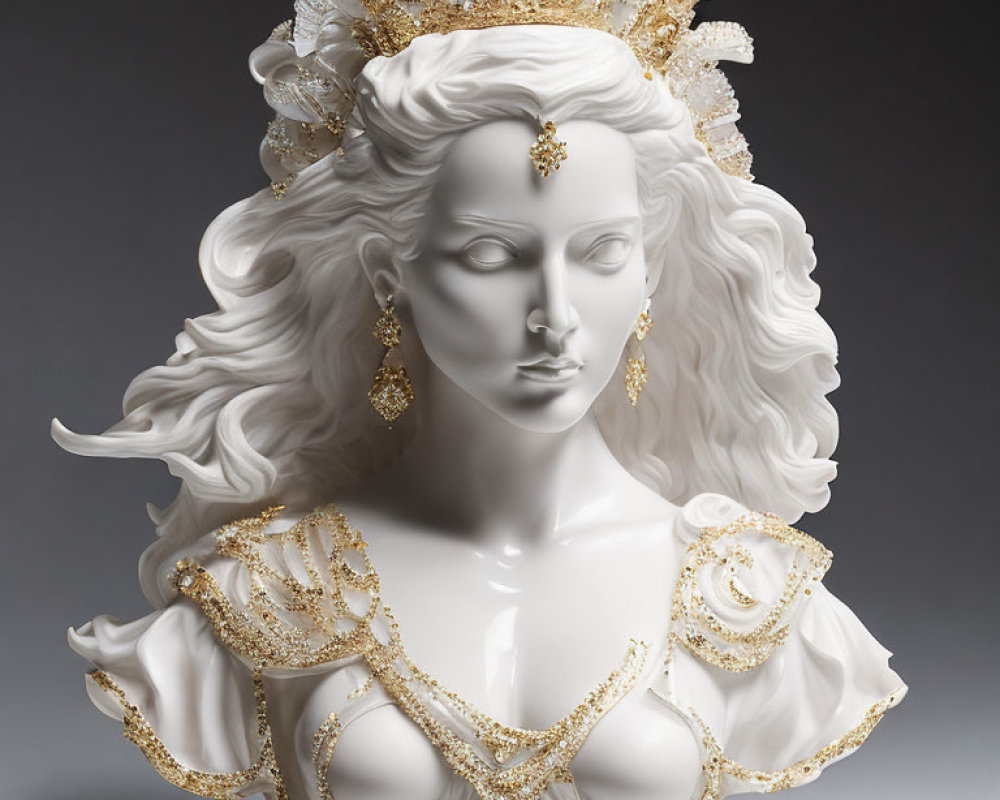 White Woman Bust Sculpture with Gold and White Headdress and Regal Attire
