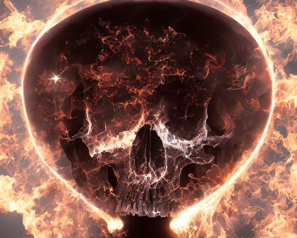 Transparent sphere containing human skull engulfed in flames with electric currents.