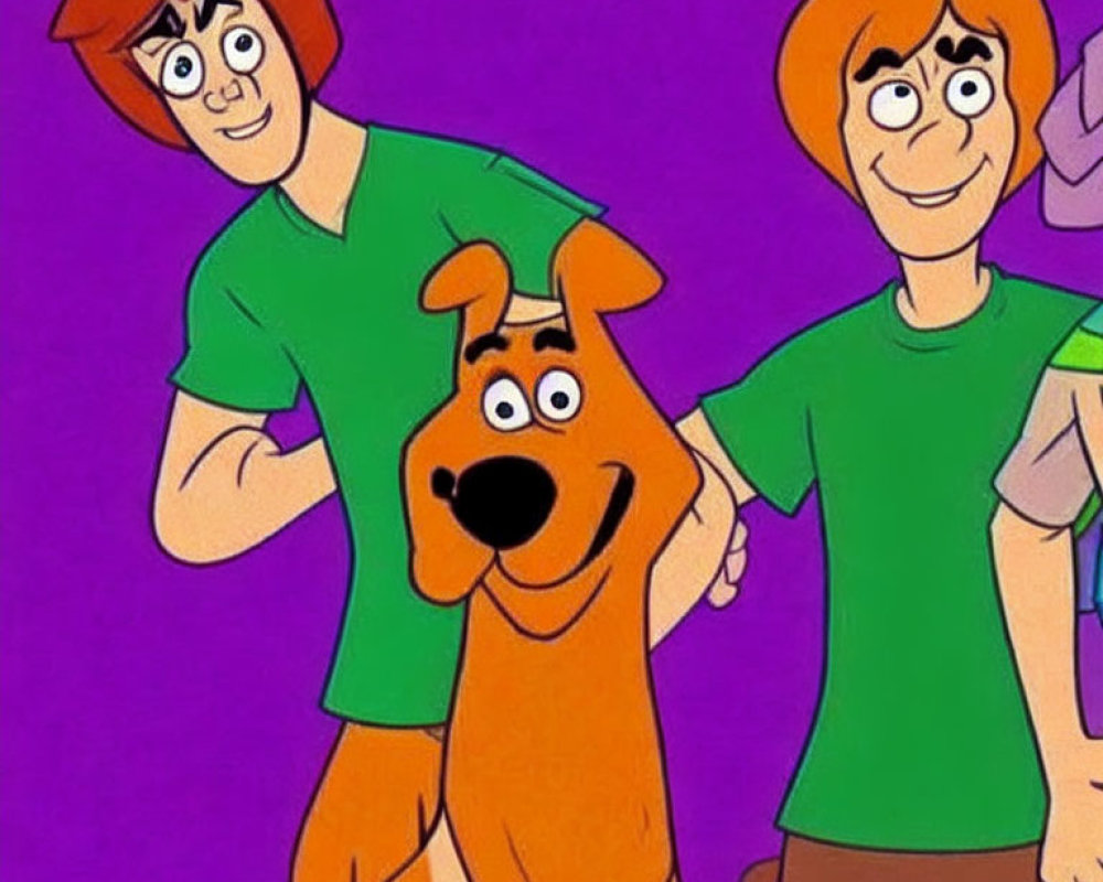 Two male characters with reddish-brown hair in green shirts pose with a brown dog on purple background