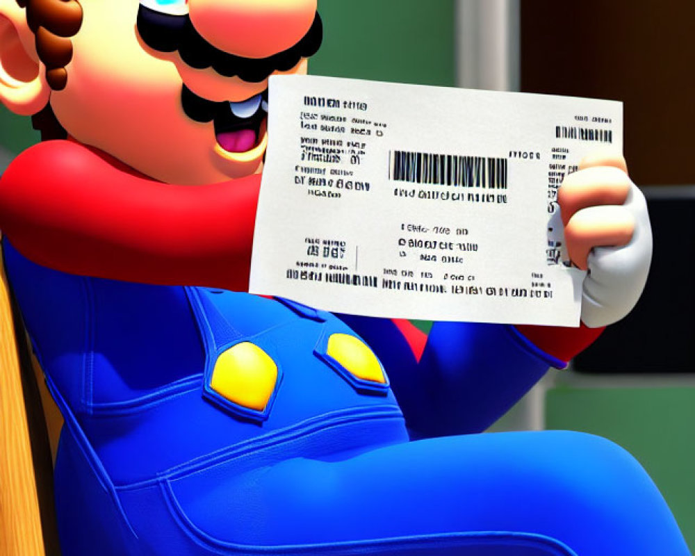 Animated character in blue overalls and red shirt with ticket on wooden chair