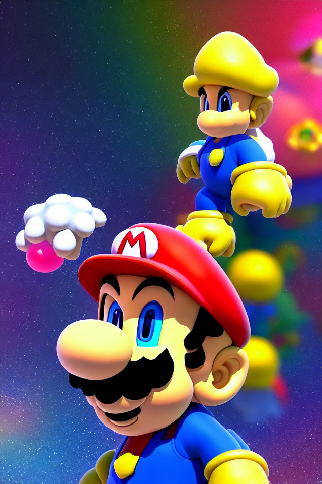 Vibrant Mario and Luigi characters in cosmic setting with power-ups