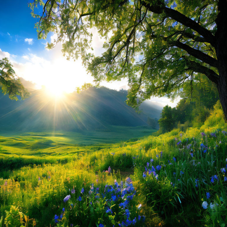 Vibrant wildflowers and trees in lush sunrise landscape