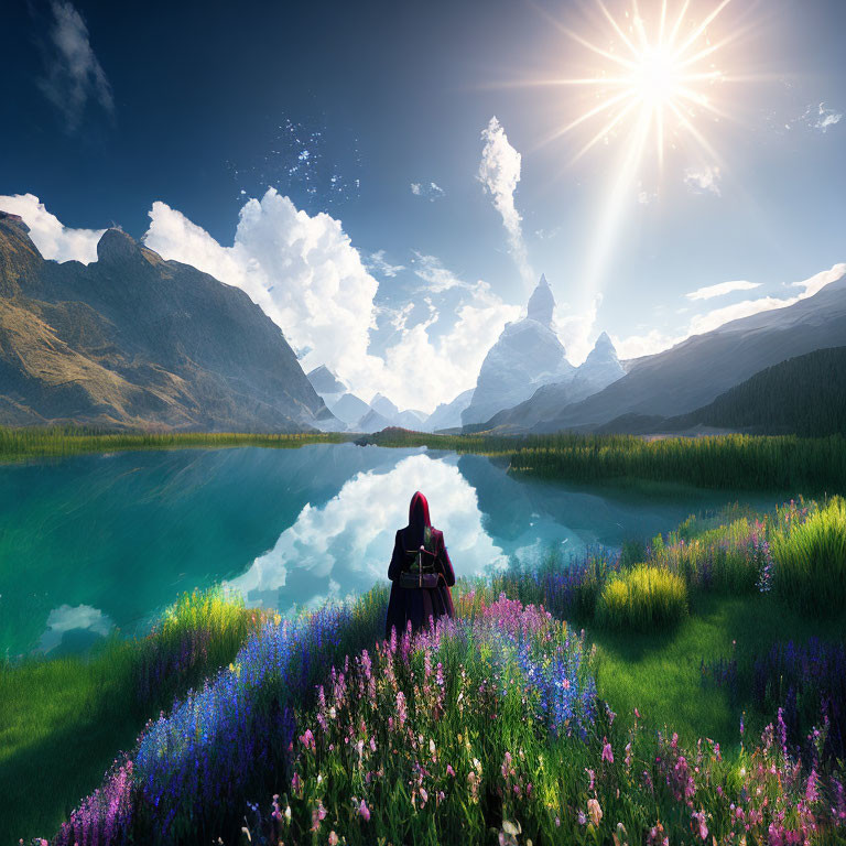 Person in Red Cloak by Serene Lake with Vibrant Flowers and Majestic Mountains Under Radiant