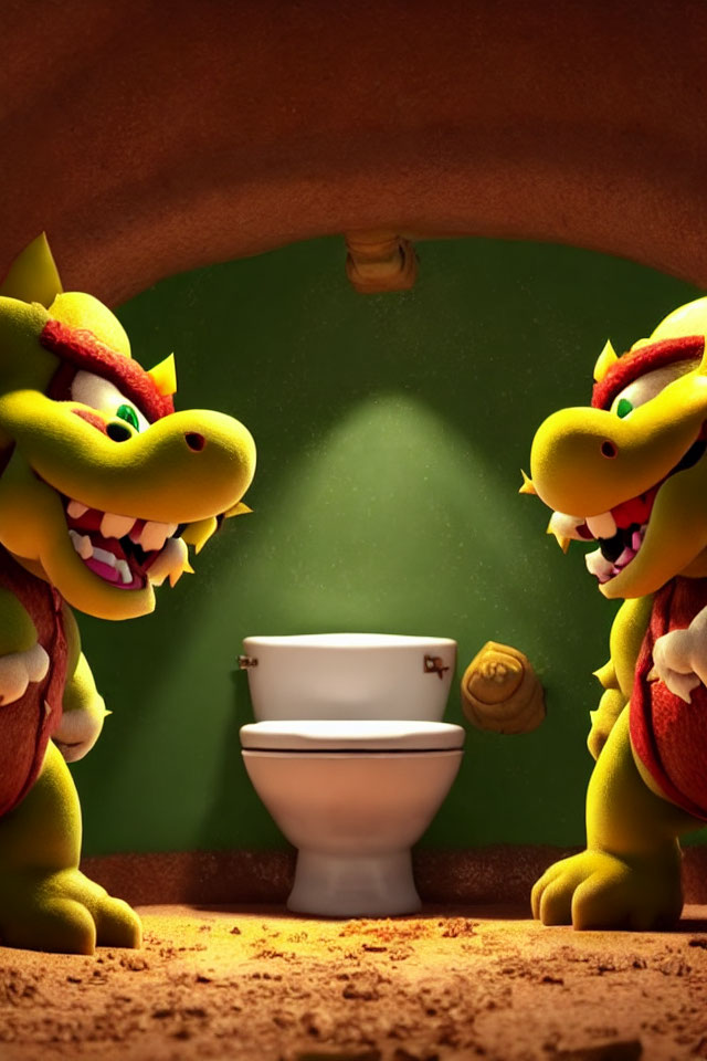Animated dinosaurs with toilet in sandy backdrop and floating coins