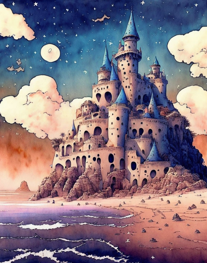 Illustrated whimsical castle on rocky cliff under starry twilight sky