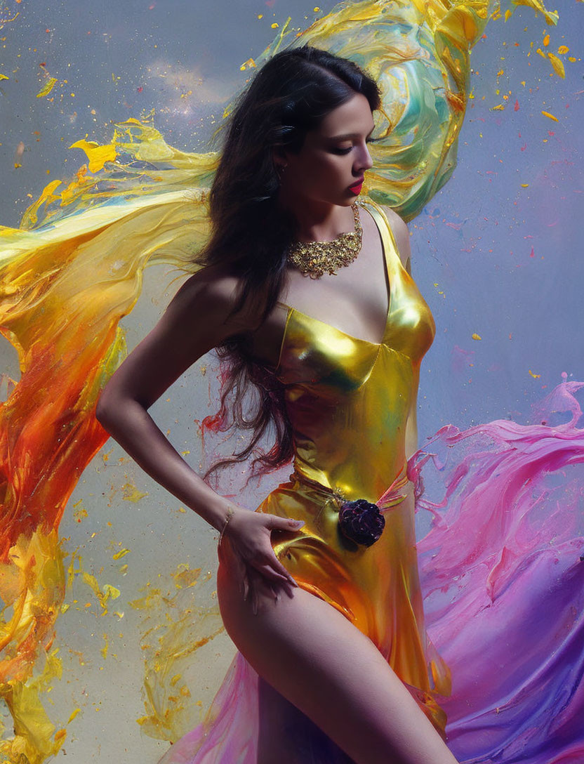 Colorful Abstract Painting of Woman in Shiny Metallic Dress