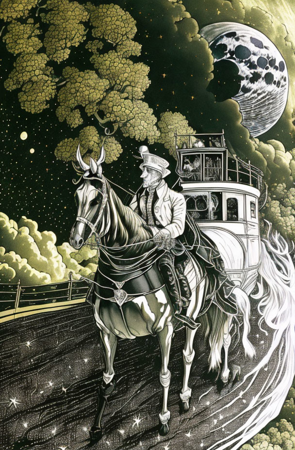 Person in top hat driving horse-drawn carriage under starry sky