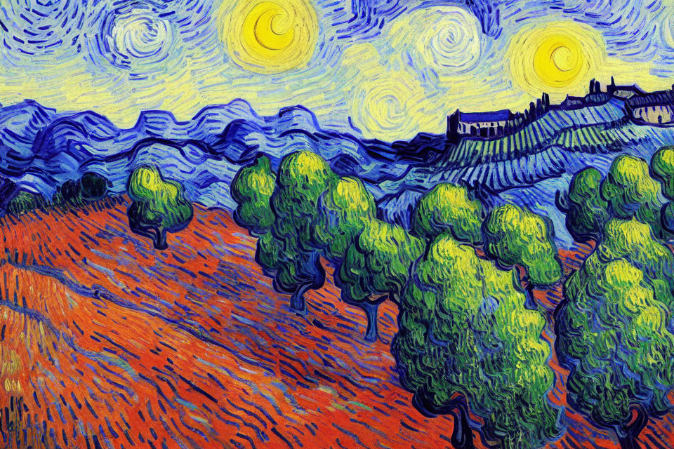 Vibrant painting of night sky, crescent moon, hills, and cypress trees