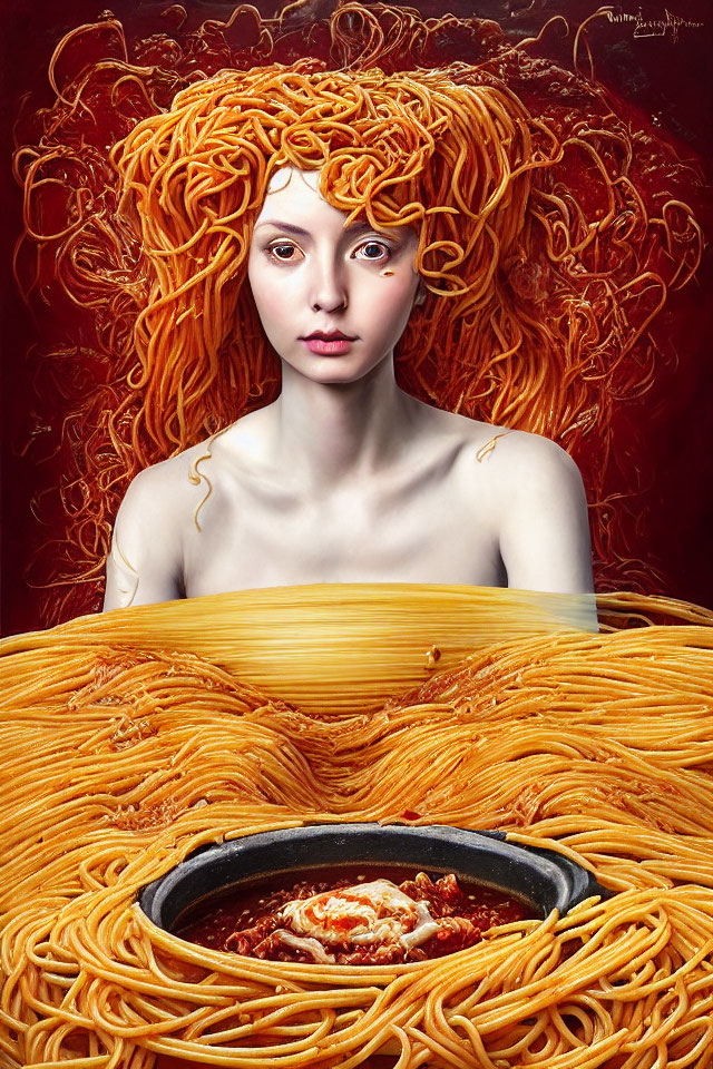 Surrealist portrait: woman with noodle hair emerging from spaghetti
