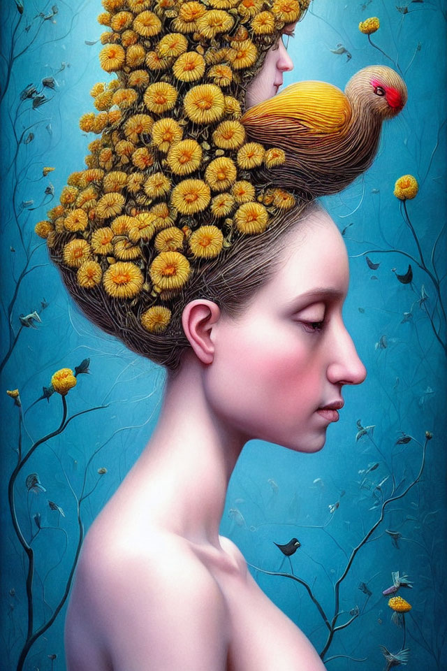 Surreal artwork of woman with yellow flowers and bird on blue backdrop