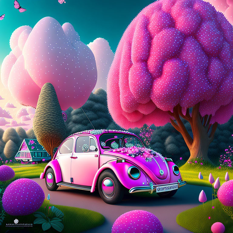 Colorful Whimsical Landscape with Vintage Car and Magical Twilight Sky
