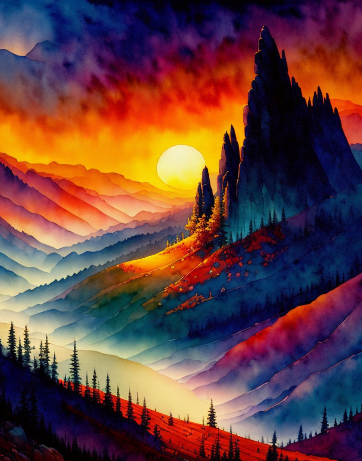 Mountain Sunset Watercolor Painting with Pine Trees and Vivid Sky