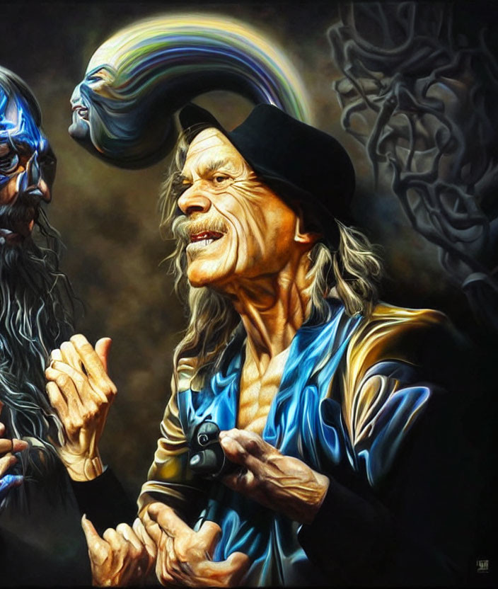 Surreal painting: Elderly man in black hat conversing with smoky apparition