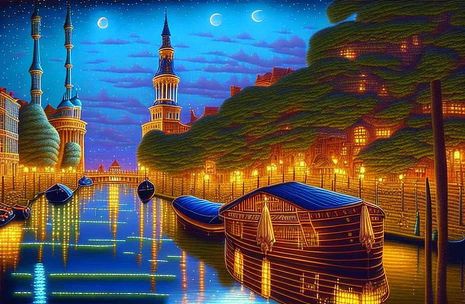 Nighttime cityscape with illuminated buildings, crescent moons, and canal boats
