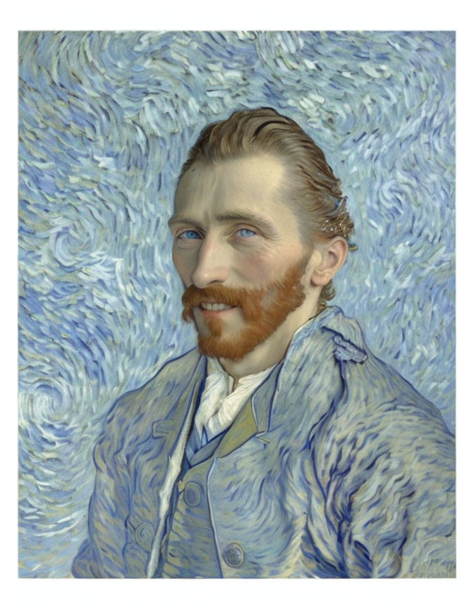 Man with Red Beard and Blue Eyes in Blue Coat on Van Gogh-Style Background