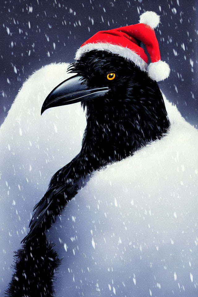 Raven wearing red Santa hat in snowy scene with falling snowflakes