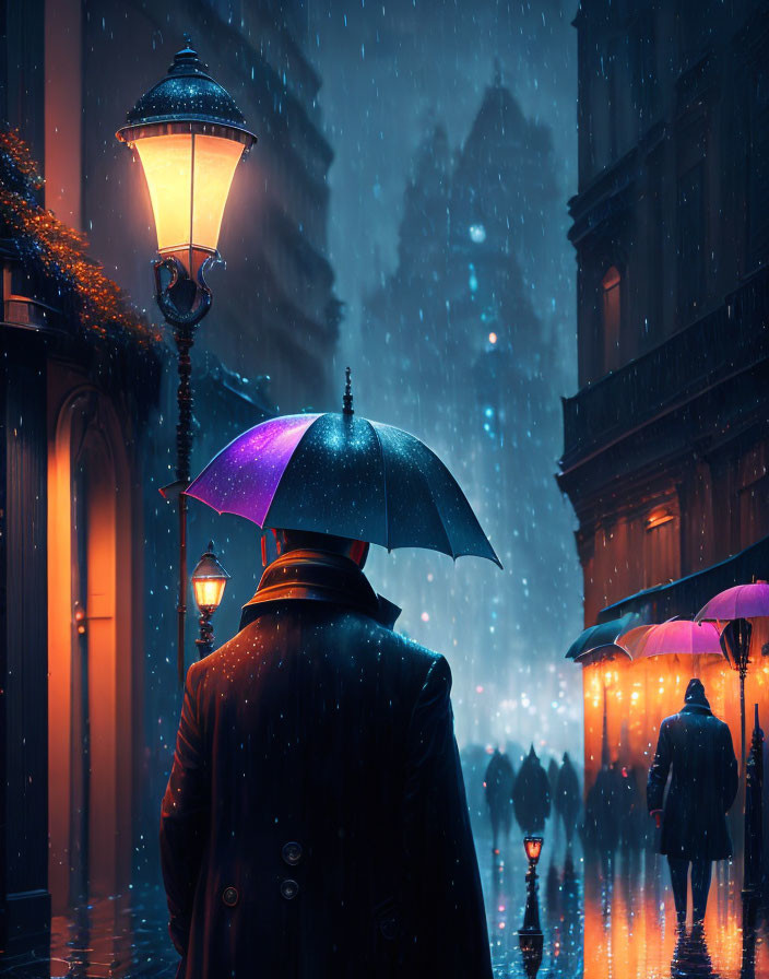 Night city street scene with person holding black umbrella in rain