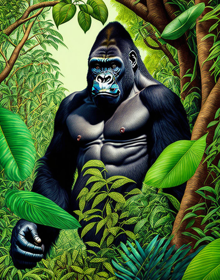 Muscular gorilla in lush jungle setting with piercing gaze