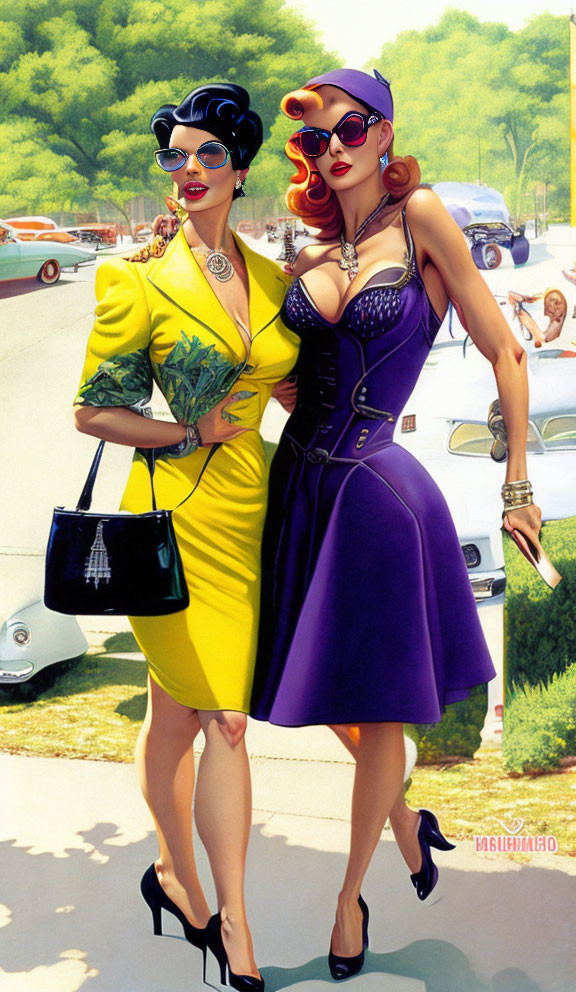 Stylized women in retro chic outfits with classic cars in the background