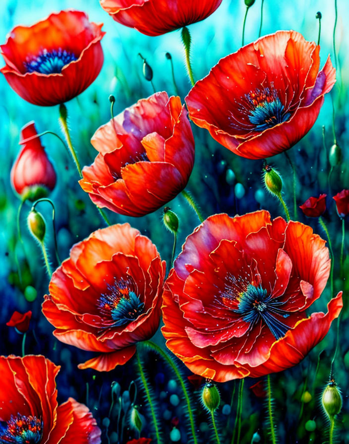 Bright red poppies with dark centers on blue bokeh.