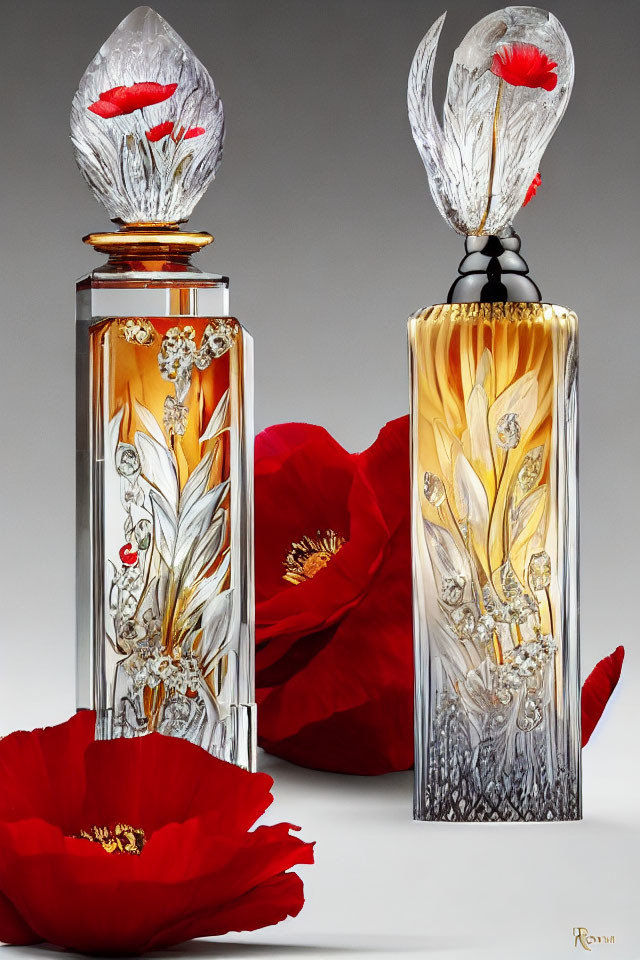 Ornate glass perfume bottles with gold and floral designs and red poppies on gray background