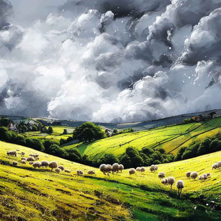 Colorful pastoral landscape with grazing sheep under dramatic sky