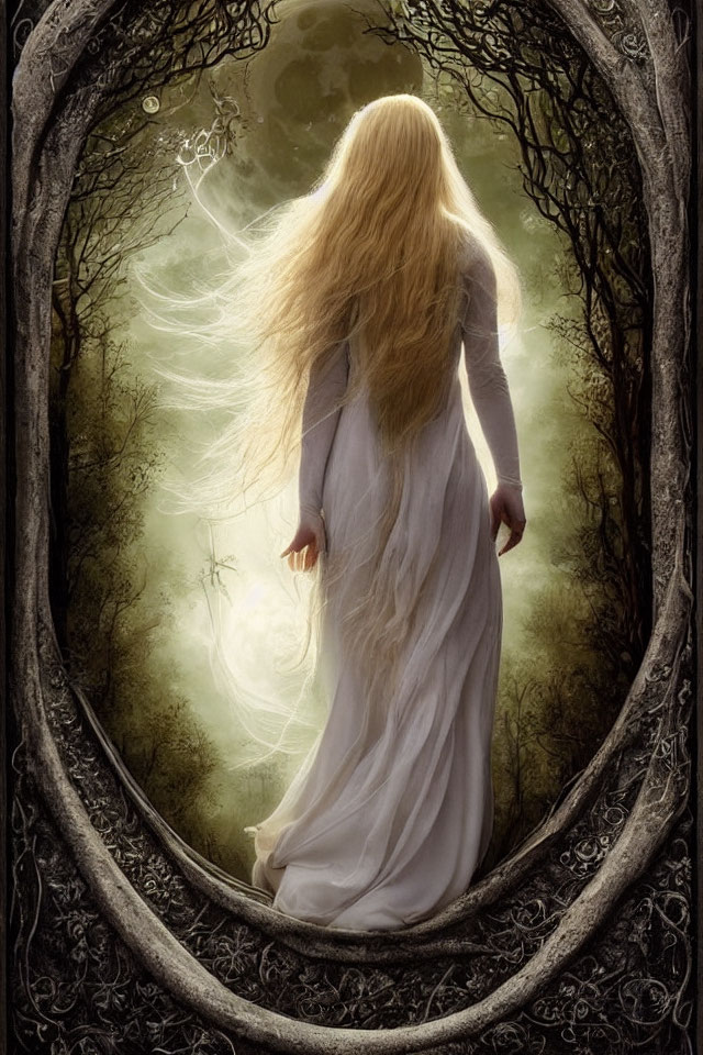 Blonde person in white dress by stone portal in forest