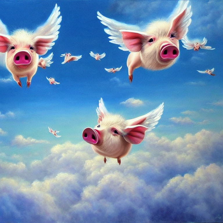 Whimsical painting of flying pink pigs in blue sky