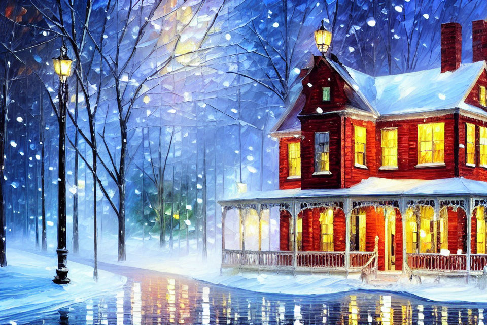 Snowy Evening Scene: Cozy Red House, Street Lamps, and Trees Reflecting on I