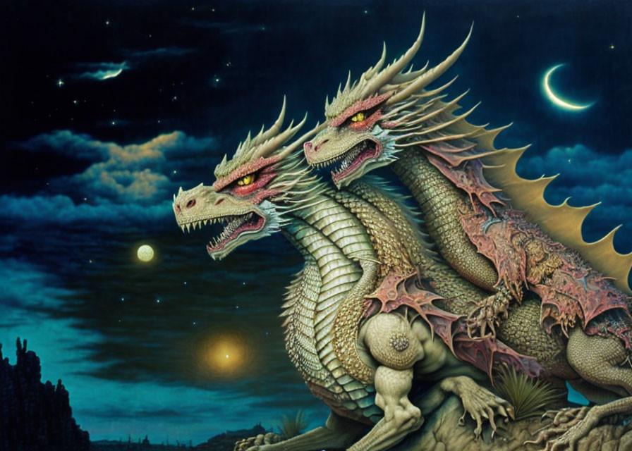 Two-headed dragon under starry night sky with crescent moon