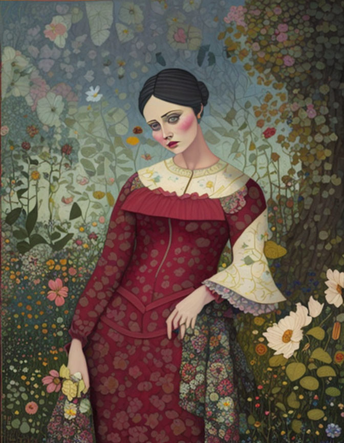 Illustrated woman in red floral gown amidst lush flowers